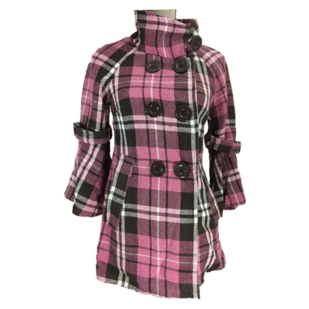 Wool Plaid Coat Jacket Pink Brown Flare Big Button